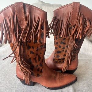 Naked Feet Brown Leopard Fringed Cowboy Boots Sz 6 1/2 M
